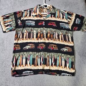 Island Collection Mens XL Hawaiian Shirt Black Surfboard Woodie Wagon VW Rayon